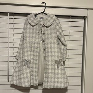 Girls' Ivory & Gray Plaid Dress Coat with Dress-  Sparkle Bow Details Size 6